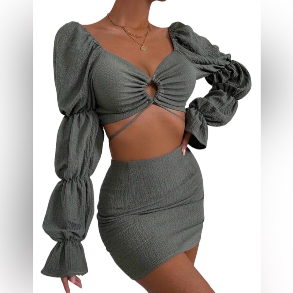 Privé Cut Out Gathered Sleeve Flounce Cuff Crop Top & Bodycon Skirt